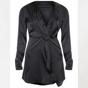 PLT Black Satin Long Sleeve Wrap Dress